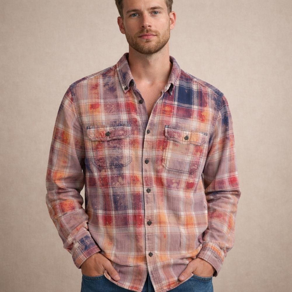 Cheveux Swag Ragz Upcycled Bleached Flannel Red Whi Plaid Medium Grunge